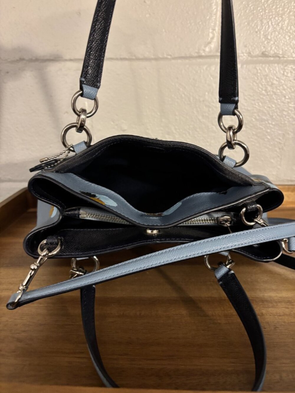 Coach Minetta Light Blue Navy Blue Floral 2 Way Leather Satchel Crossbody - Picture 8 of 11